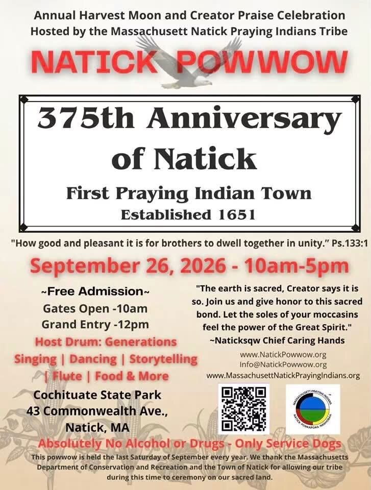 Flyer for the Natick Powwow, Annual Harvest Moon and Creator Praise Celebration hosted by the Massachusett Natick Praying Indians Tribe