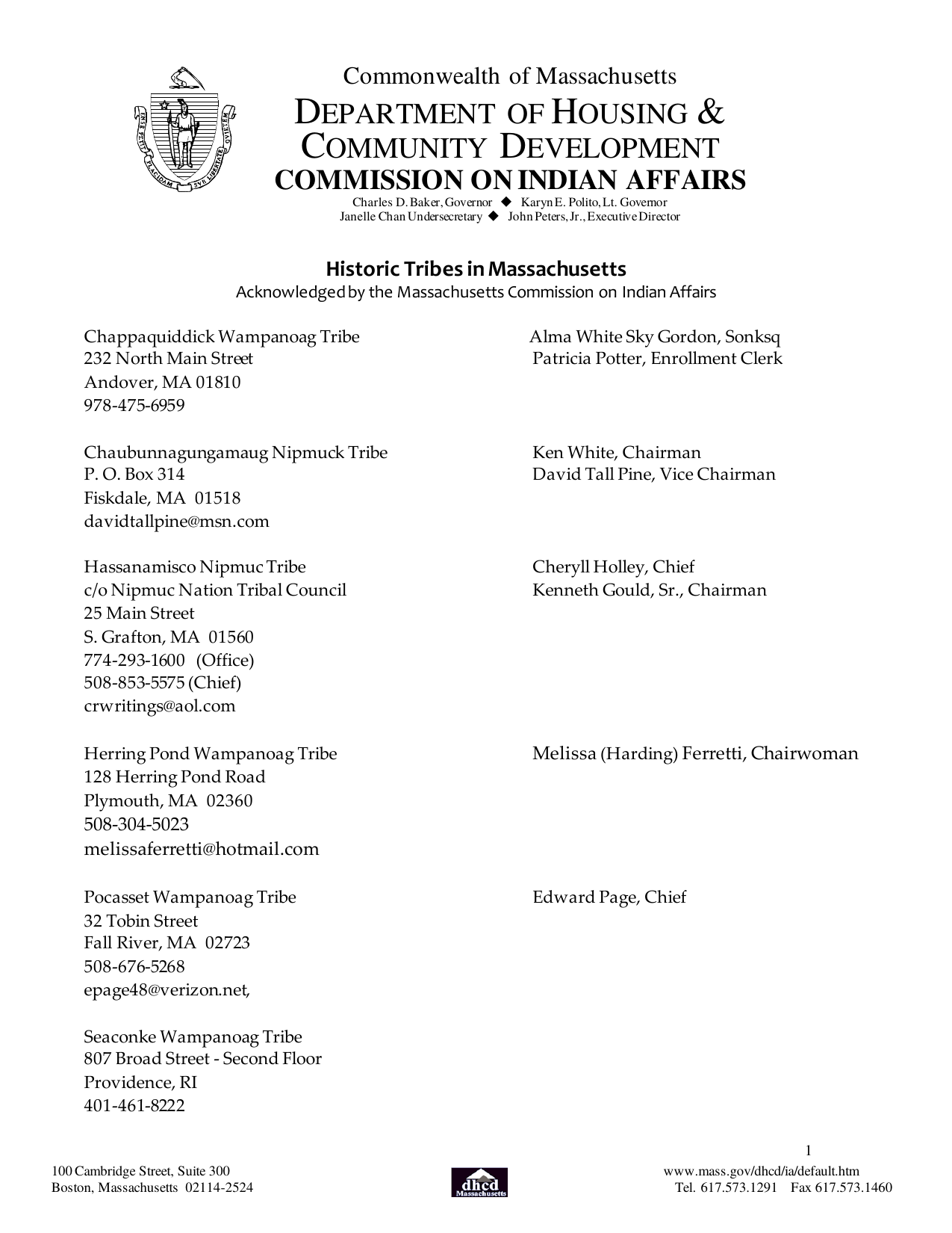 2019 Massachusetts Commission on Indian Affairs Historic Tribes list, showing Hassanamisco Nipmuc Tribe c/o Nipmuc Nation Tribal Council with Cheryll Holley as Chief and Kenneth Gould, Sr. as Chairman