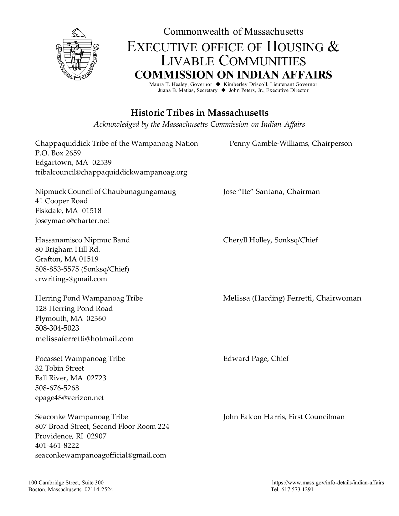 2026 Massachusetts Commission on Indian Affairs Historic Tribes list, showing Hassanamisco Nipmuc Band with only Cheryll Holley listed as Sonksq/Chief, Tribal Council reference removed