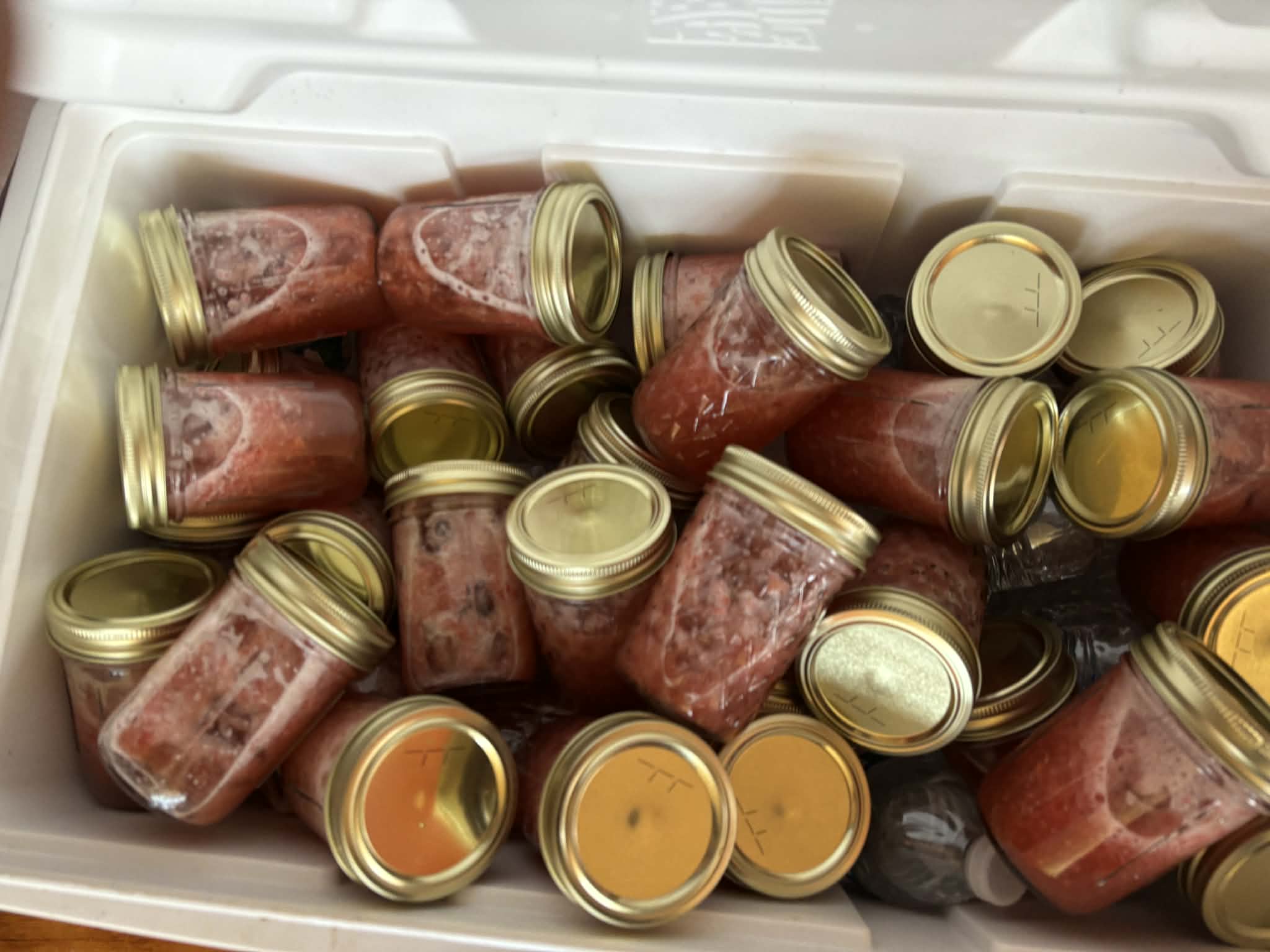 Jars of home-canned food packed in a cooler