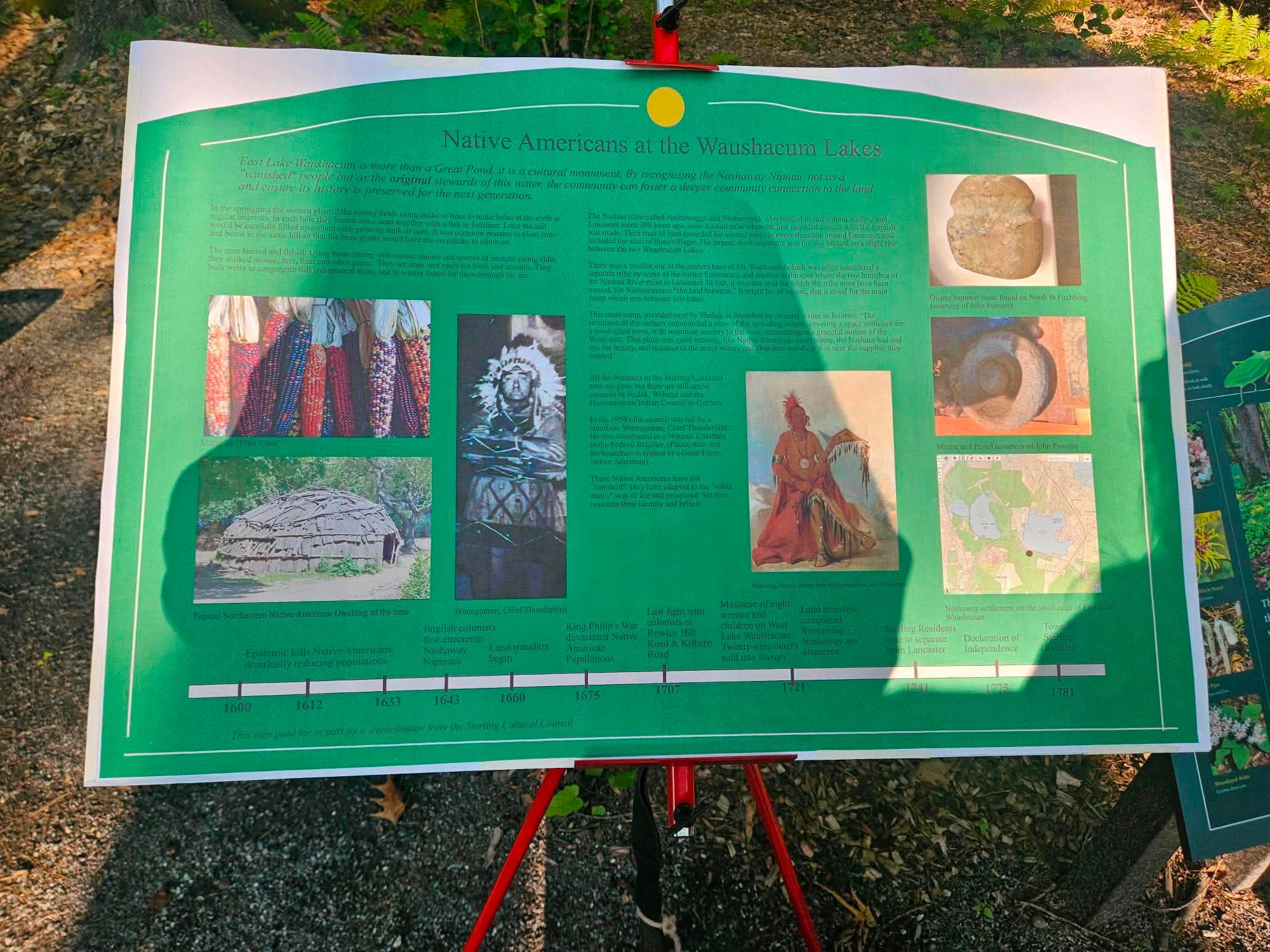 Educational sign titled Native Americans at the Waushacum Lakes