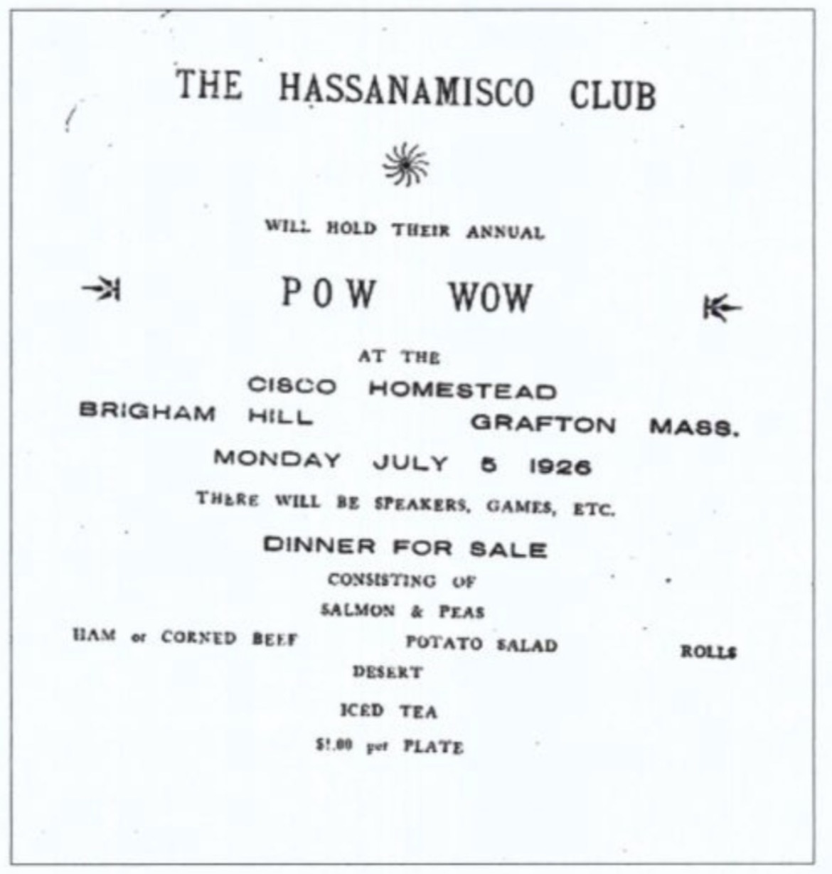 1926 flyer for the Hassanamisco Club's annual Pow Wow at the Cisco Homestead, Brigham Hill, Grafton, Massachusetts