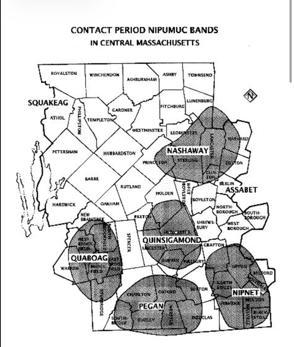 Map of contact-period Nipmuc bands in central Massachusetts, including Nashaway, Assabet, Quinsigamond, Quaboag, Pegan, and Nipnet