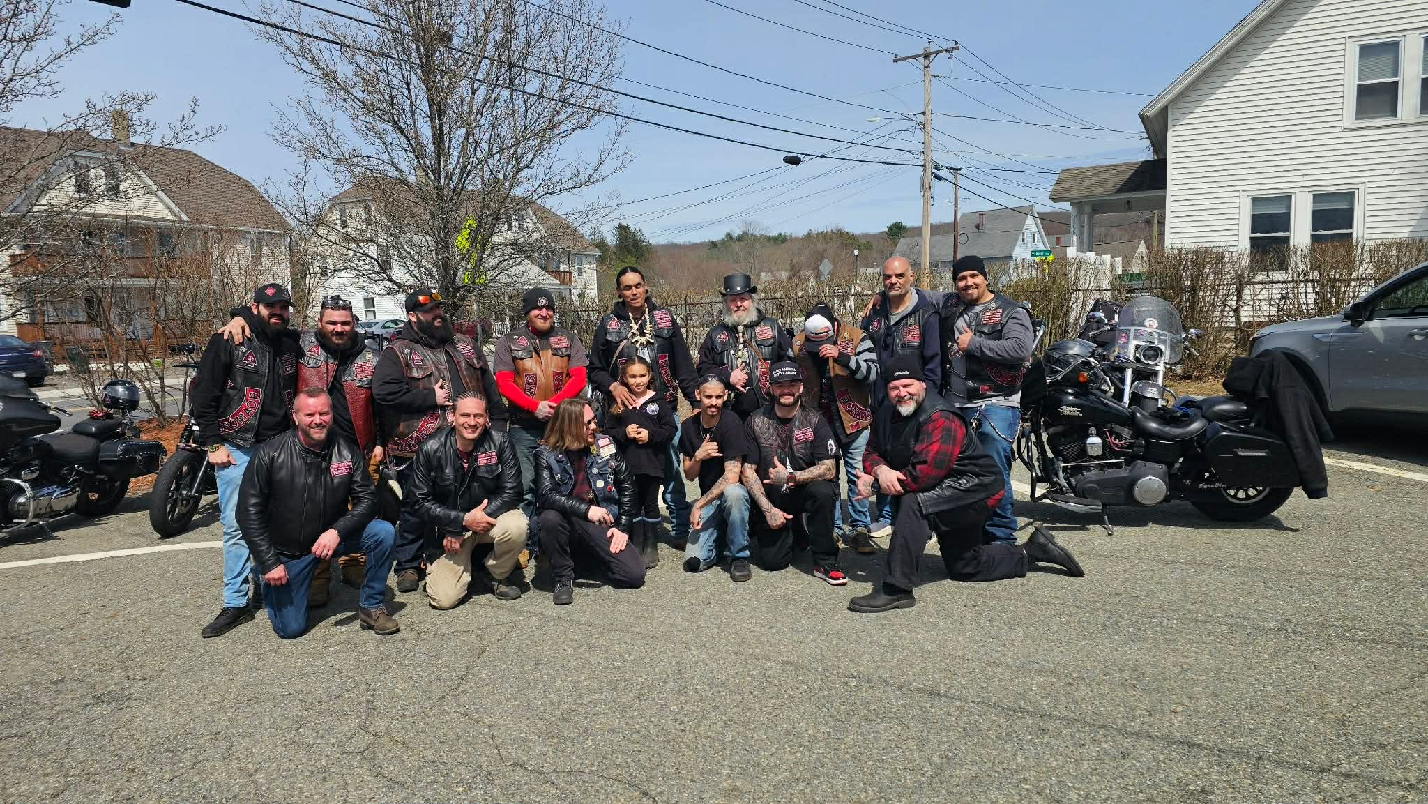 Group photo of the Redrum MC Nipmuc Chapter riders with their motorcycles